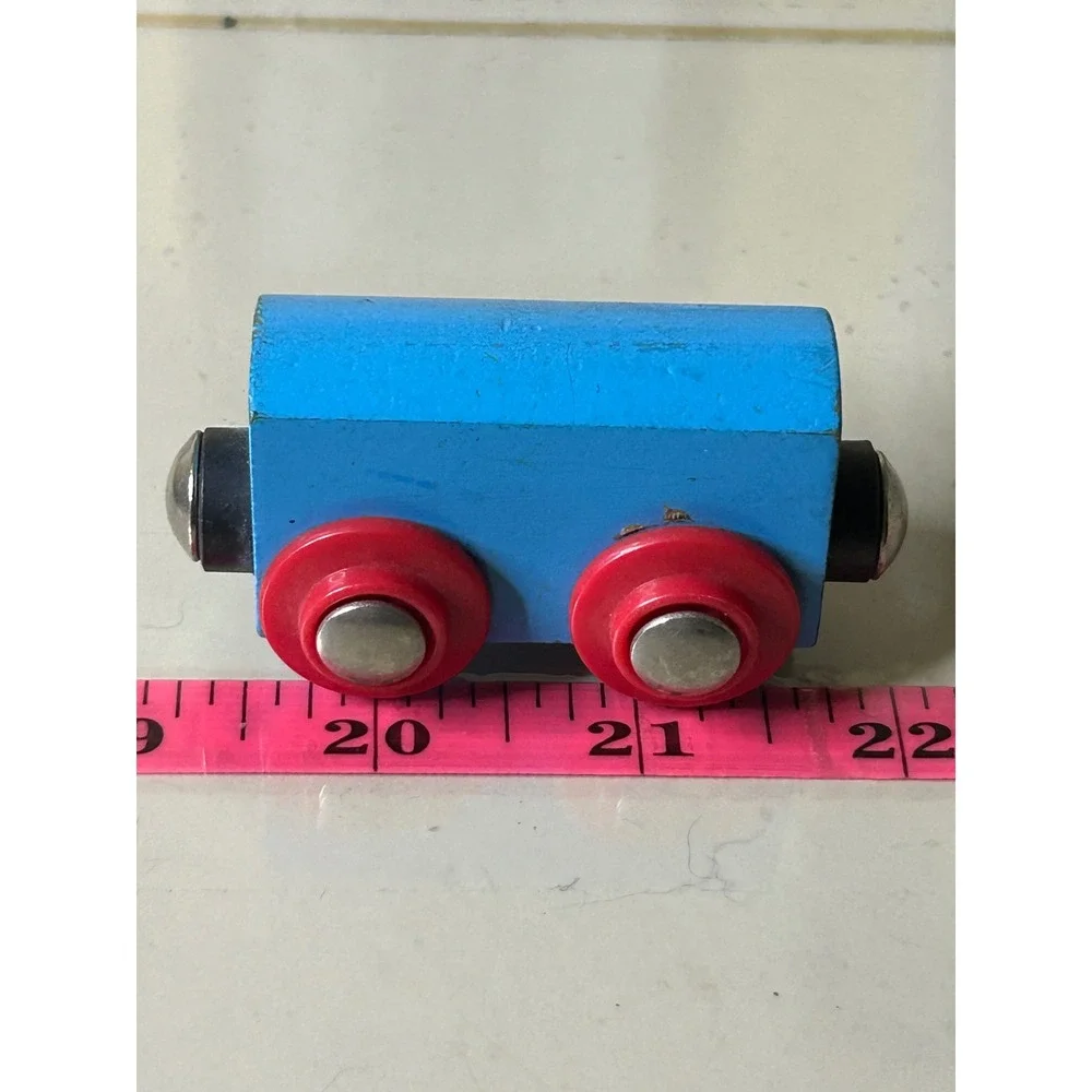 Blue Wooden Toy Train Car with Red Wheels Magnetic Connectors for Track Sets